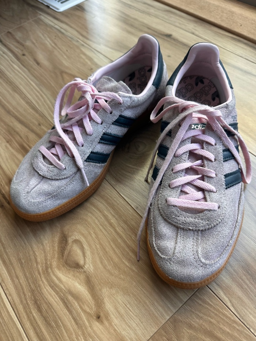 adidas special Women’s Light Pink Suede Sneakers with Navy Stripes and Gum Sole